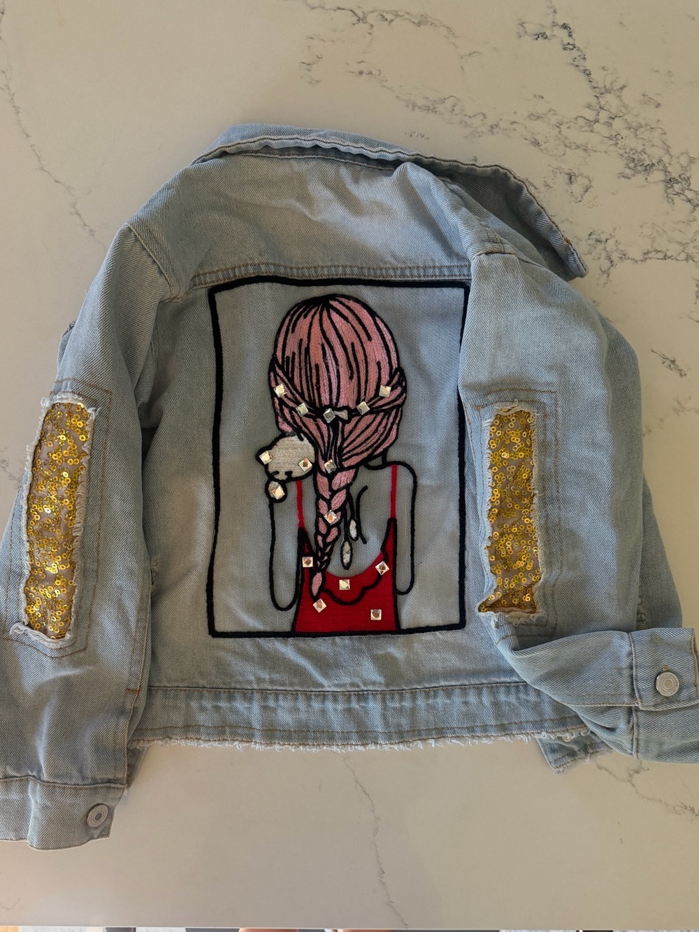 Girls Embroidered Denim Jacket Gold Sequin Distressed Jean Jacket Size 5-6 (120)
